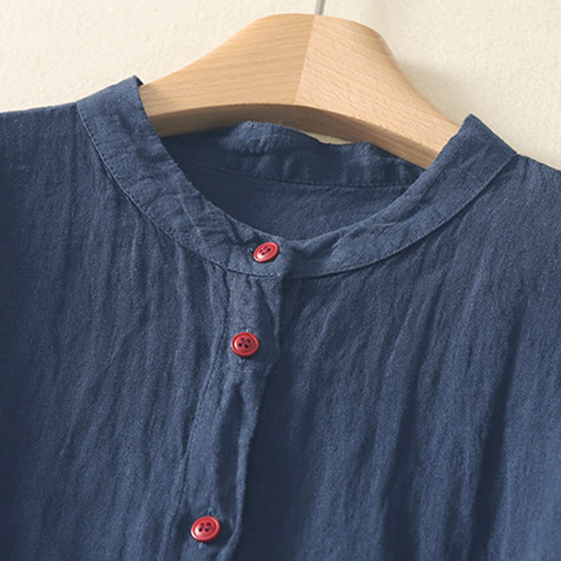 Camicia da donna estiva a maniche corte con bottoni rossi e stampa Buddha Stones. - image 1