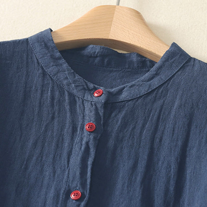 Camicia da donna estiva a maniche corte con bottoni rossi e stampa Buddha Stones. - image 1