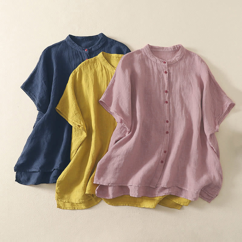 Camicia da donna estiva a maniche corte con bottoni rossi e stampa Buddha Stones. - image 18