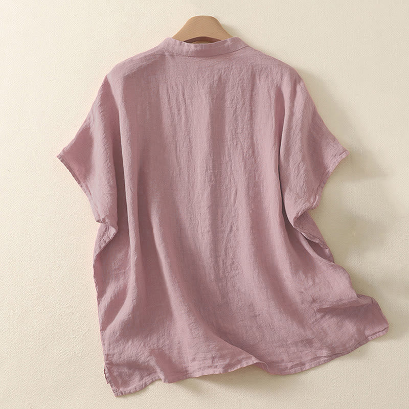 Camicia da donna estiva a maniche corte con bottoni rossi e stampa Buddha Stones. - image 5