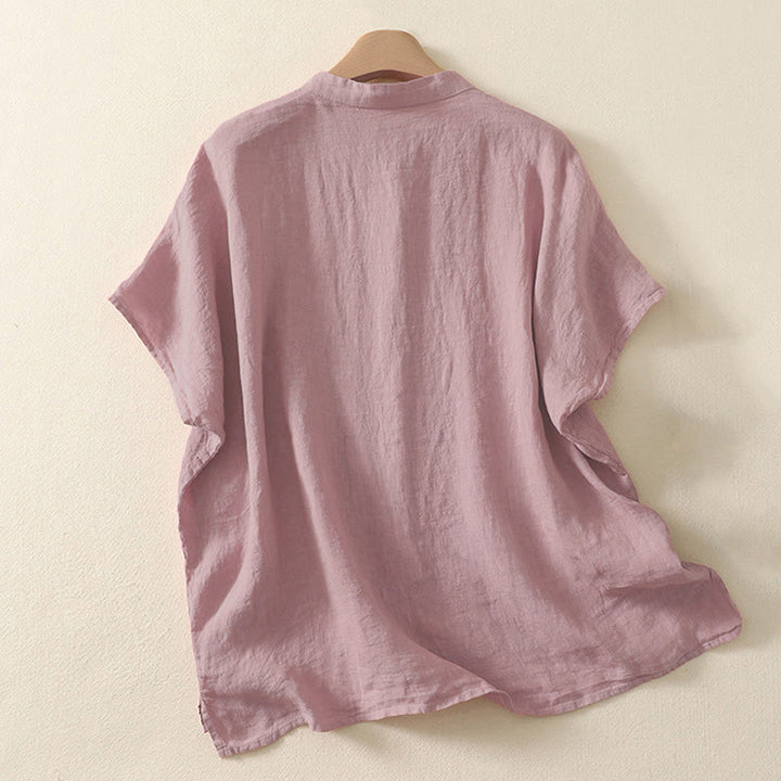 Camicia da donna estiva a maniche corte con bottoni rossi e stampa Buddha Stones. - image 5