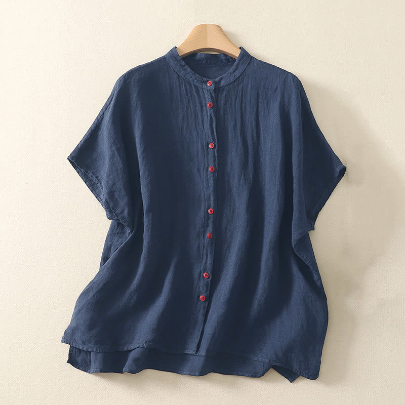 Camicia da donna estiva a maniche corte con bottoni rossi e stampa Buddha Stones. - Blu mezzanotte - US14, UK/AU18, EU46 (2XL) - image 0