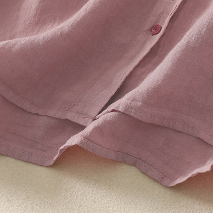 Camicia da donna estiva a maniche corte con bottoni rossi e stampa Buddha Stones. - image 10