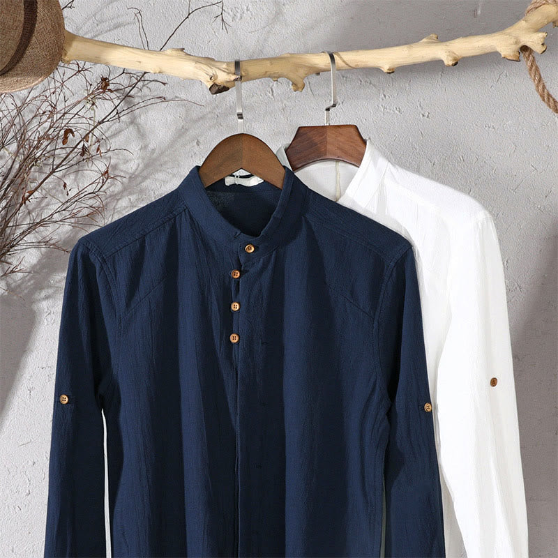 Camicia da uomo a maniche lunghe in cotone e lino con collo alto e vestibilità slim, modello a collo alto, con stampa Buddha Stones. - image 13