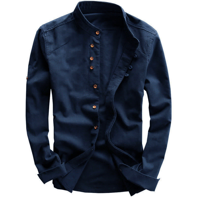 Camicia da uomo a maniche lunghe in cotone e lino con collo alto e vestibilità slim, modello a collo alto, con stampa Buddha Stones. - image 1