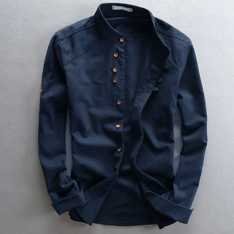 Camicia da uomo a maniche lunghe in cotone e lino con collo alto e vestibilità slim, modello a collo alto, con stampa Buddha Stones. - Blu notte - US/UK/AU48, EU58 (7XL) - image 0