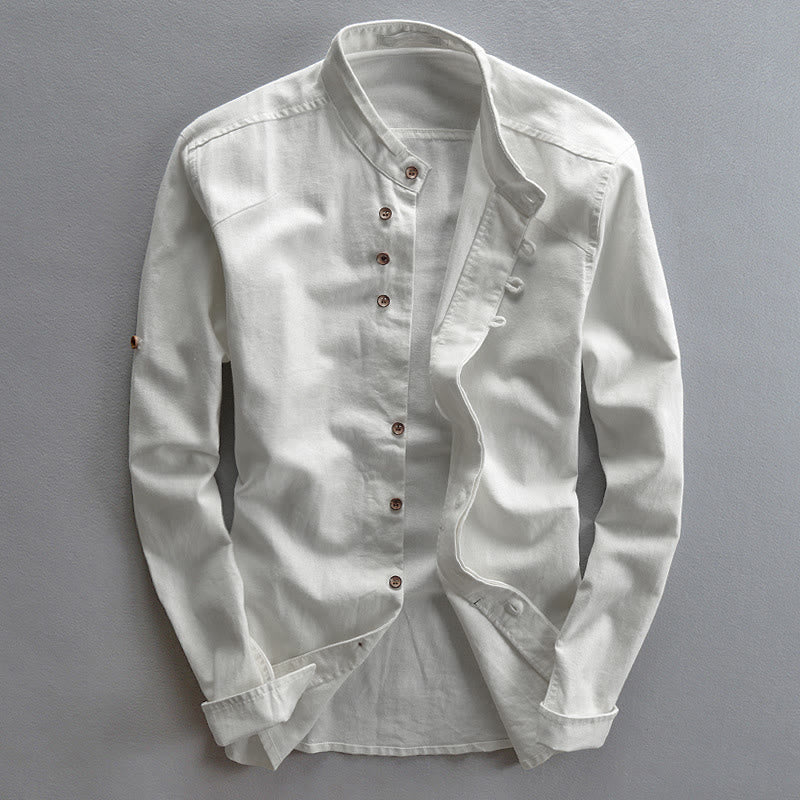 Camicia da uomo a maniche lunghe in cotone e lino con collo alto e vestibilità slim, modello a collo alto, con stampa Buddha Stones. - Bianco - US/UK/AU48, EU58 (7XL) - image 3