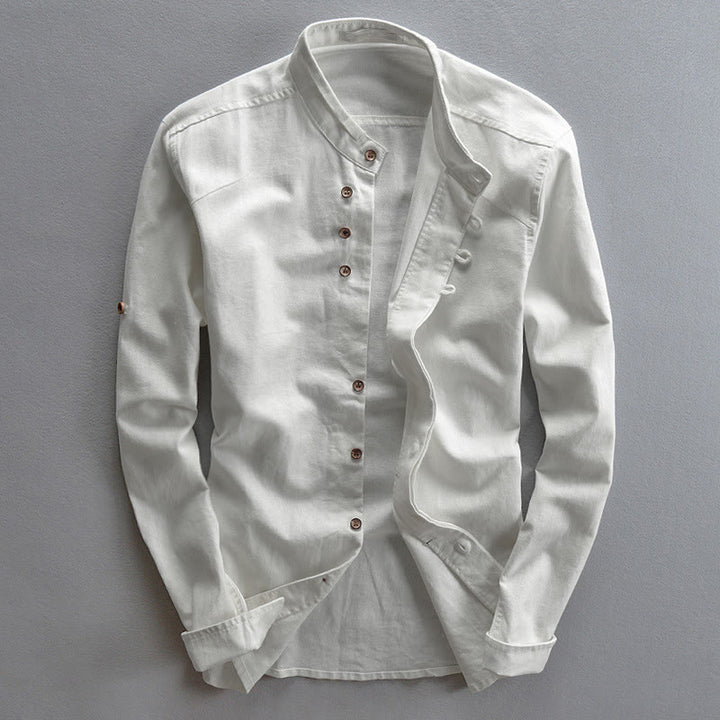 Camicia da uomo a maniche lunghe in cotone e lino con collo alto e vestibilità slim, modello a collo alto, con stampa Buddha Stones. - Bianco - US/UK/AU48, EU58 (7XL) - image 3