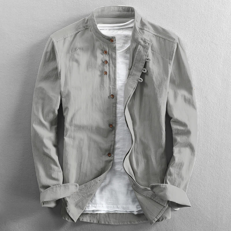 Camicia da uomo a maniche lunghe in cotone e lino con collo alto e vestibilità slim, modello a collo alto, con stampa Buddha Stones. - WhiteSmoke - US/UK/AU48, EU58 (7XL) - image 12