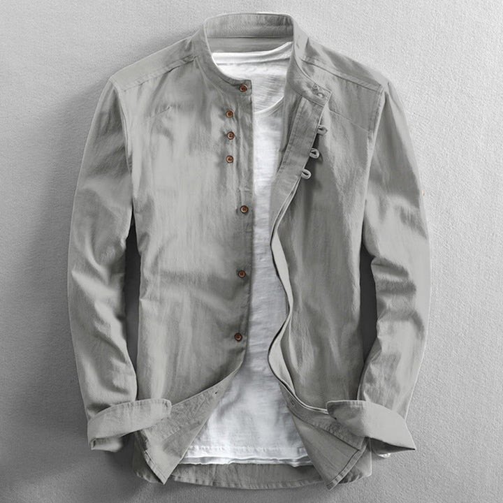 Camicia da uomo a maniche lunghe in cotone e lino con collo alto e vestibilità slim, modello a collo alto, con stampa Buddha Stones. - WhiteSmoke - US/UK/AU48, EU58 (7XL) - image 12