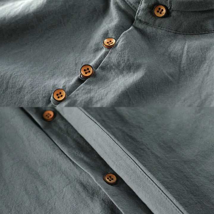 Camicia da uomo a maniche lunghe in cotone e lino con collo alto e vestibilità slim, modello a collo alto, con stampa Buddha Stones. - image 11