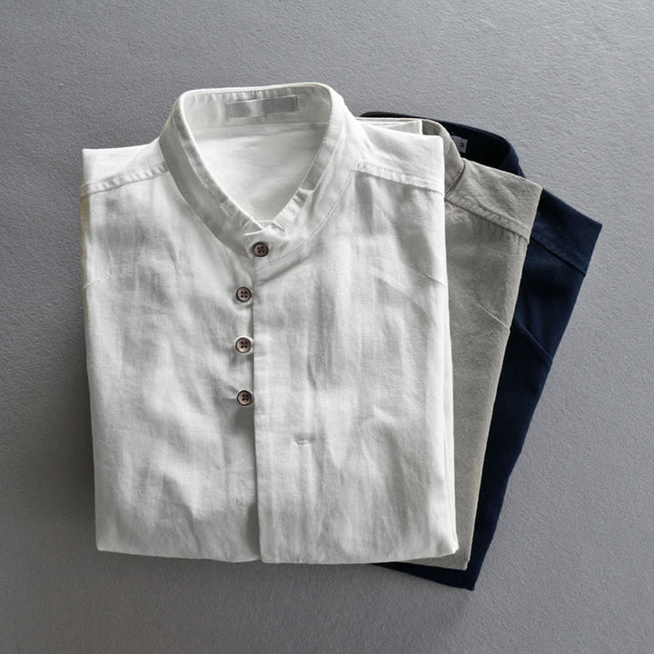 Camicia da uomo a maniche lunghe in cotone e lino con collo alto e vestibilità slim, modello a collo alto, con stampa Buddha Stones. - image 14