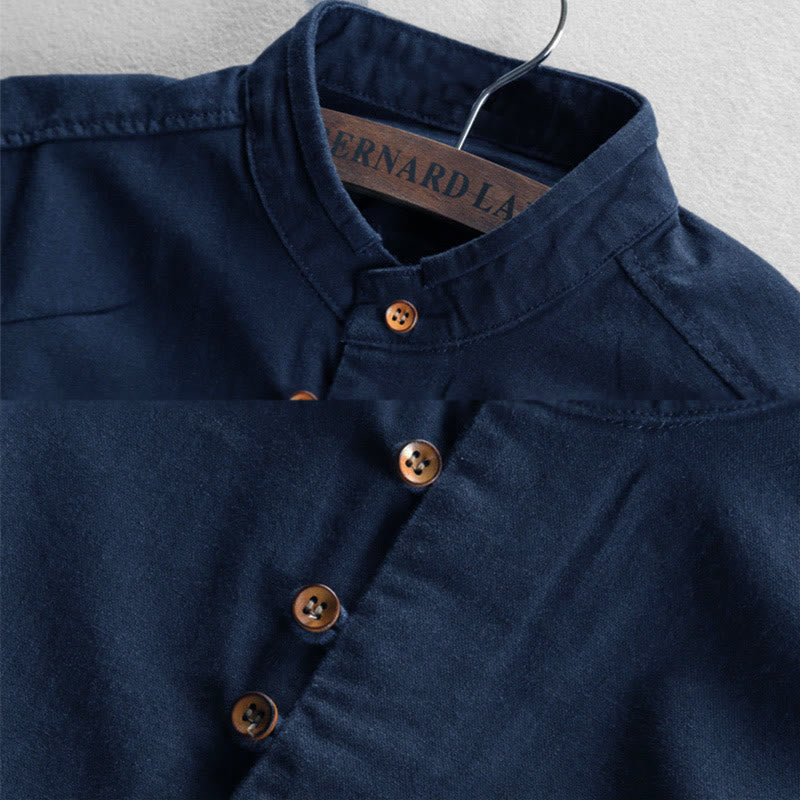 Camicia da uomo a maniche lunghe in cotone e lino con collo alto e vestibilità slim, modello a collo alto, con stampa Buddha Stones. - image 2