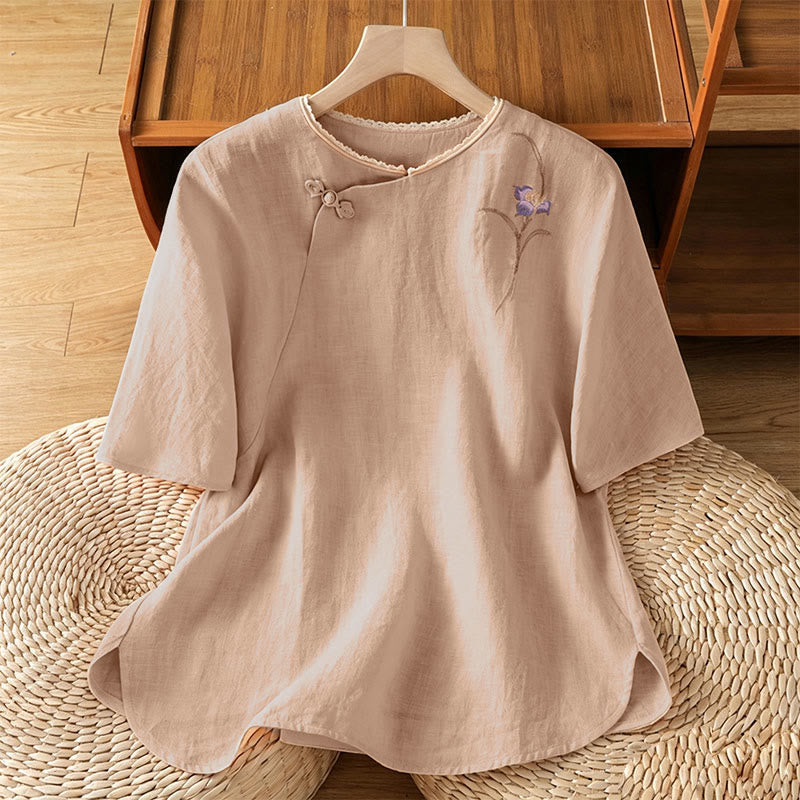 Buddha Stones Camicie da donna a maniche corte in stile vintage Summer Tang con ricami, bottoni a rana e stampa floreale. - Biscotto - US8-10, UK/AU12-14, EU40-42 (2XL) - image 0