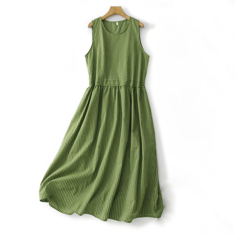 Buddha Stones Abito estivo casual elegante a righe verdi con scollo rotondo da donna, senza maniche. - Verde Mare Scuro - US12, UK/AU16, EU44 (2XL) - image 0