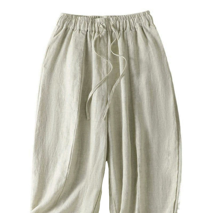 Buddha Stones Pantaloni estivi casual con coulisse in lino tinta unita, pantaloni a gamba larga da donna con tasca - image 8