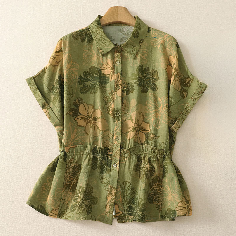 Buddha Stones Camicie estive da donna a maniche corte con bottoni e stampa floreale, stile boho. - GialloVerde - US8-10, UK/AU12-14, EU40-42 (2XL) - image 0