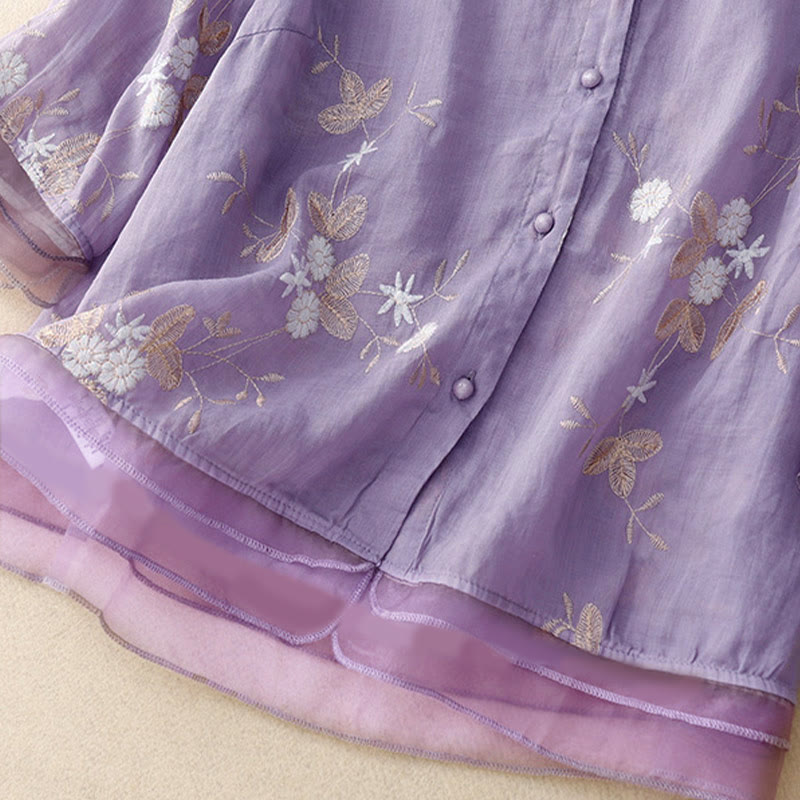Camicia da donna a maniche corte con scollo rotondo e motivo floreale ricamato a petali, Buddha Stones. - image 2