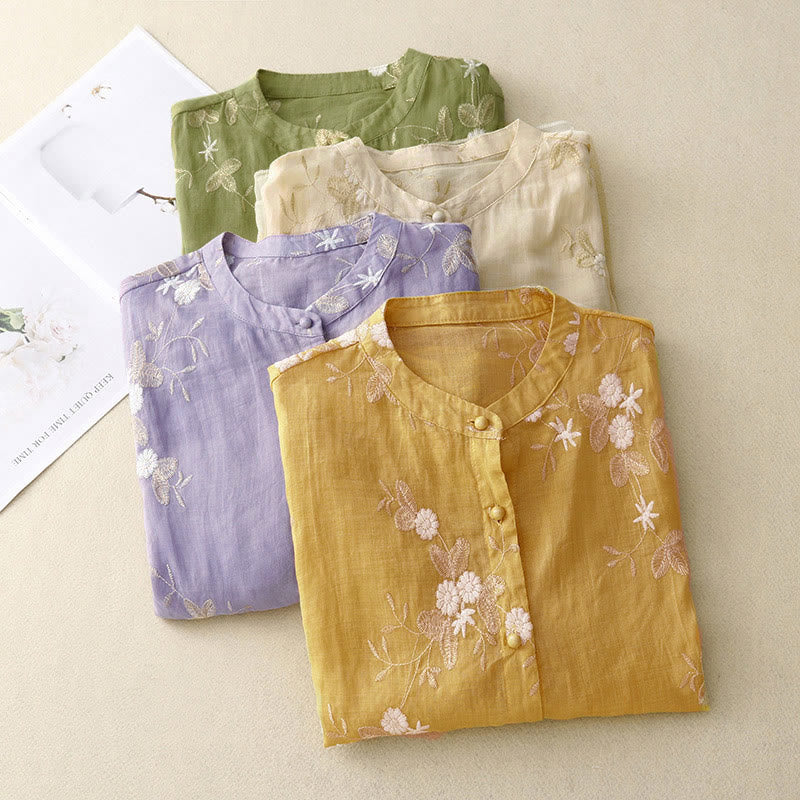 Camicia da donna a maniche corte con scollo rotondo e motivo floreale ricamato a petali, Buddha Stones. - image 17