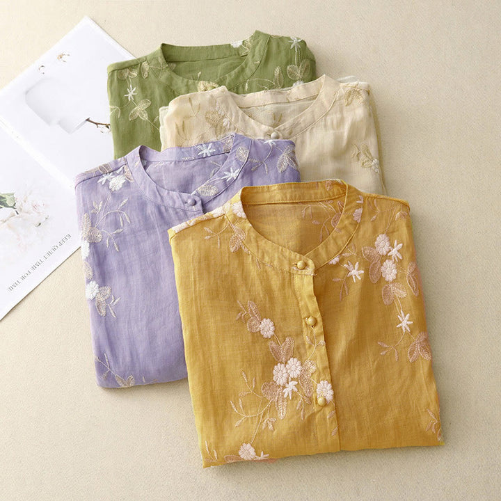 Camicia da donna a maniche corte con scollo rotondo e motivo floreale ricamato a petali, Buddha Stones. - image 17