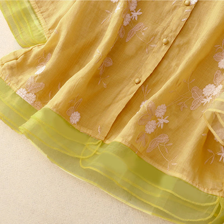 Camicia da donna a maniche corte con scollo rotondo e motivo floreale ricamato a petali, Buddha Stones. - image 10