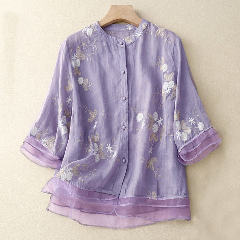 Camicia da donna a maniche corte con scollo rotondo e motivo floreale ricamato a petali, Buddha Stones. - Prugna - US8-10, UK/AU12-14, EU40-42 (2XL) - image 0