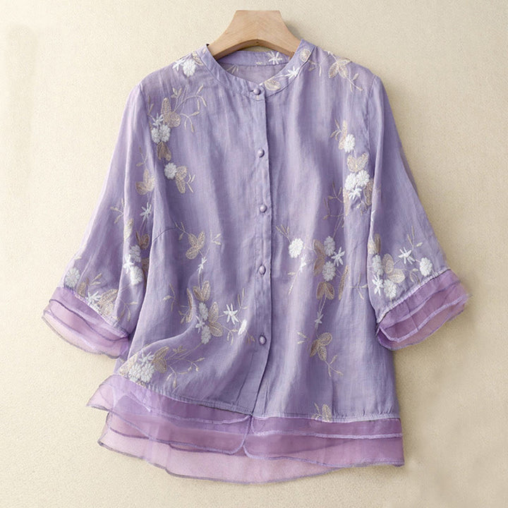 Camicia da donna a maniche corte con scollo rotondo e motivo floreale ricamato a petali, Buddha Stones. - Prugna - US8-10, UK/AU12-14, EU40-42 (2XL) - image 0
