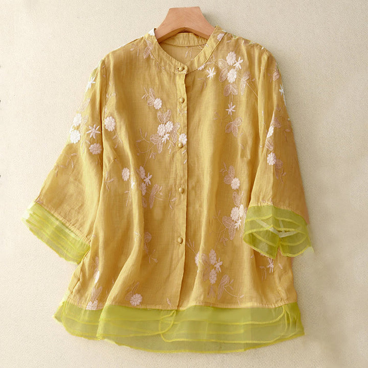 Camicia da donna a maniche corte con scollo rotondo e motivo floreale ricamato a petali, Buddha Stones. - Cachi - US8-10, UK/AU12-14, EU40-42 (2XL) - image 7