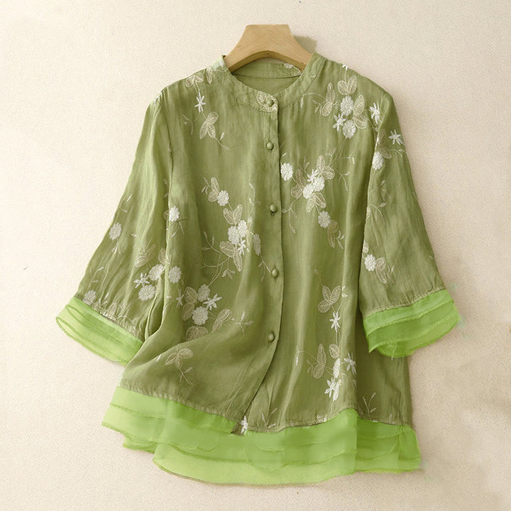 Camicia da donna a maniche corte con scollo rotondo e motivo floreale ricamato a petali, Buddha Stones. - Verde chiaro - US8-10, UK/AU12-14, EU40-42 (2XL) - image 12