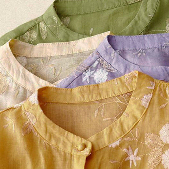 Camicia da donna a maniche corte con scollo rotondo e motivo floreale ricamato a petali, Buddha Stones. - image 18