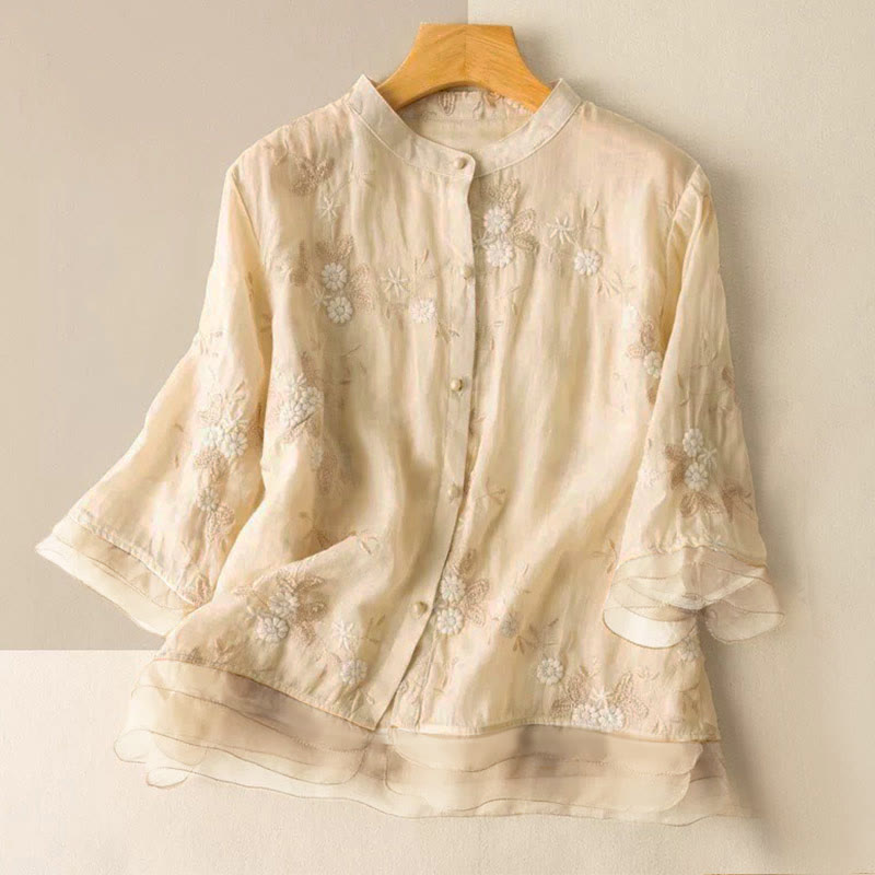 Camicia da donna a maniche corte con scollo rotondo e motivo floreale ricamato a petali, Buddha Stones. - Giallo chiaro - US8-10, UK/AU12-14, EU40-42 (2XL) - image 3