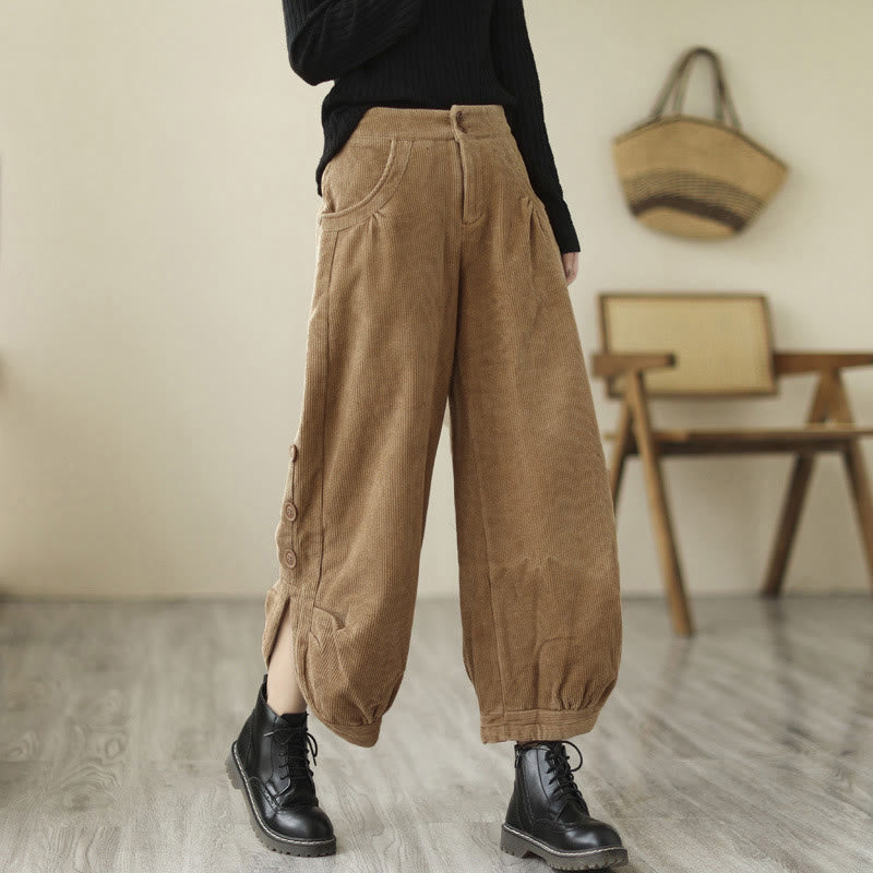 Pantaloni da donna in velluto a coste con tasche e bottoni decorativi, modello casual con Buddha Stones e apertura sulla gamba. - Verga d'oro - US8-10, UK/AU12-14, EU40-42 (2XL) - image 0