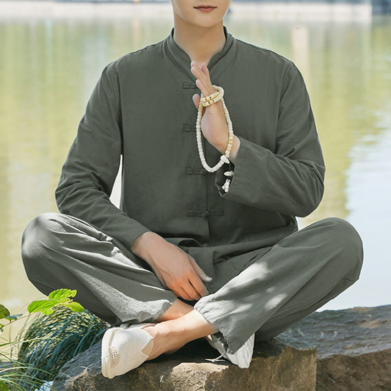 Buddha Stones Spirituale Zen Pratica Yoga Meditazione Preghiera Abbigliamento Cotone Lino Set Uomo - Verde scuro - US/UK/AU48, EU58 (6XL) - image 0