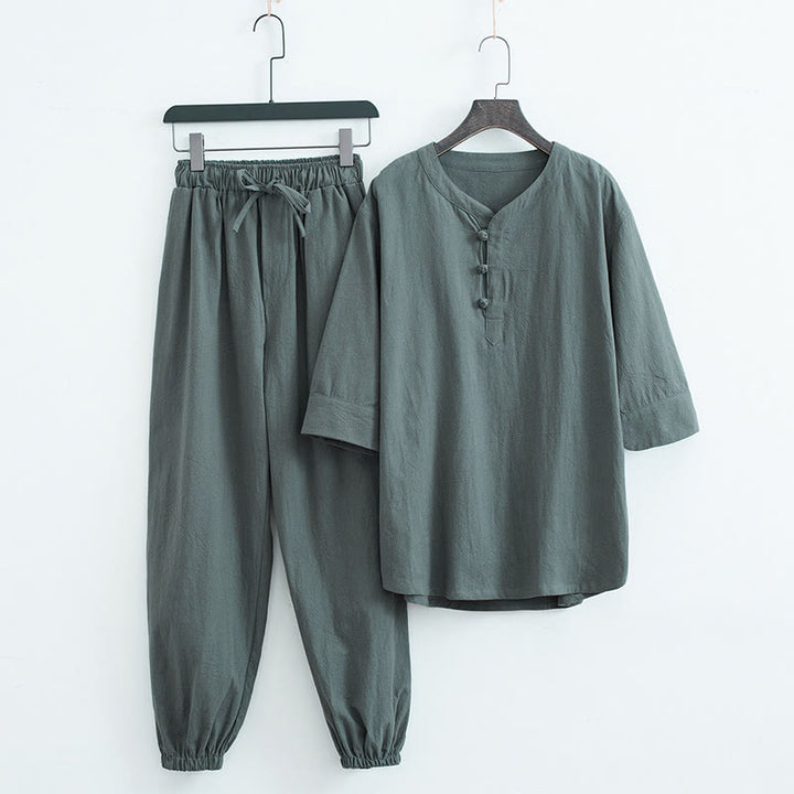 Completo da uomo con maglietta a maniche corte e pantaloni in tinta unita con motivo Buddha Stones. - Verde (maglia e pantaloni) - US/UK/AU44, EU54 (4XL) - image 0