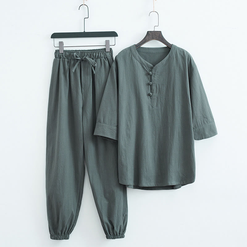 Completo da uomo con maglietta a maniche corte e pantaloni in tinta unita con motivo Buddha Stones. - Verde (maglia e pantaloni) - US/UK/AU44, EU54 (4XL) - image 0