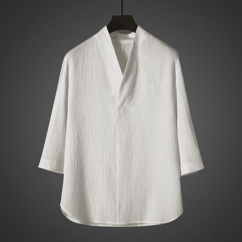 Camicia da uomo casual con scollo a V e maniche a tre quarti con Buddha Stones - Bianco - US/UK/AU46, EU56 (5XL) - image 0