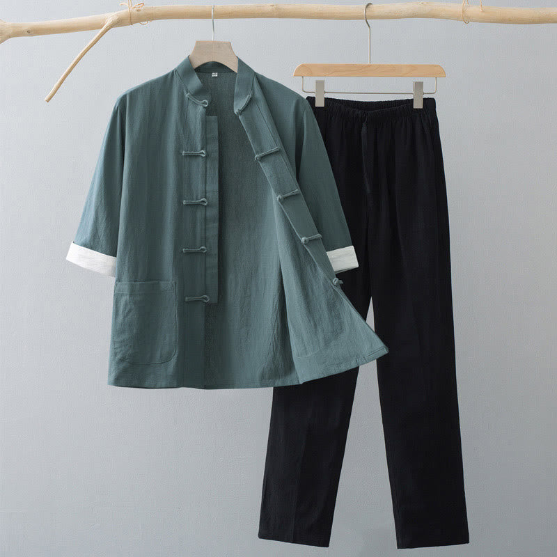 Completo tradizionale da uomo Buddha Stones e pantaloni a mezza manica in cotone. - Maglietta verde e pantaloni neri - US/UK/AU44, EU54 (4XL)  - image 0