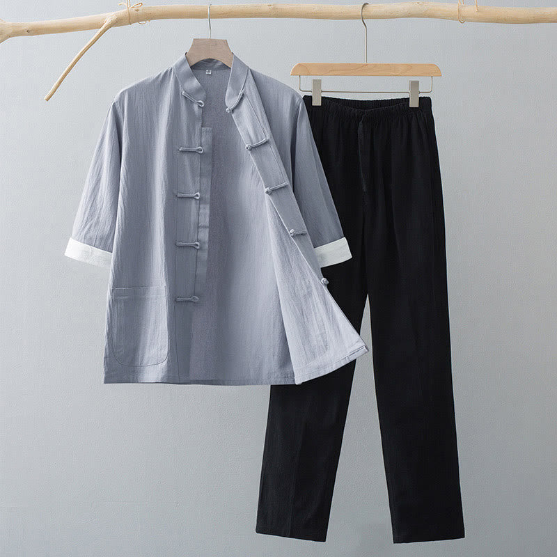 Completo tradizionale da uomo Buddha Stones e pantaloni a mezza manica in cotone. - Maglia grigia e pantaloni neri - US/UK/AU44, EU54 (4XL)  - image 6