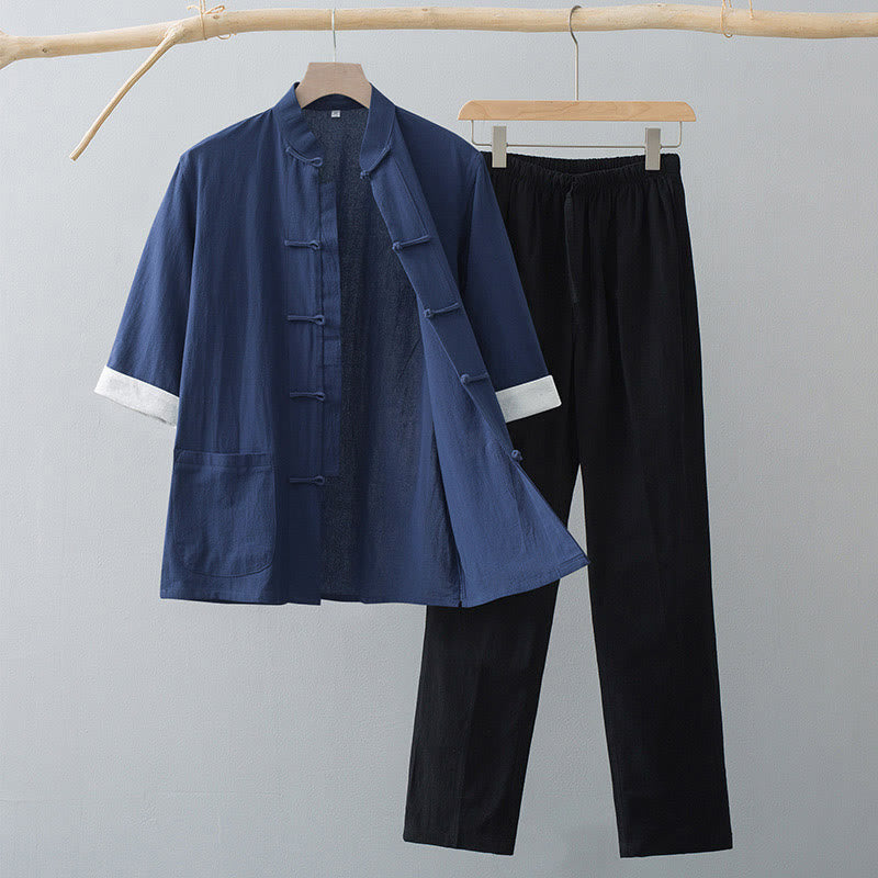 Completo tradizionale da uomo Buddha Stones e pantaloni a mezza manica in cotone. - Maglia blu navy e pantaloni neri - US/UK/AU44, EU54 (4XL)  - image 7