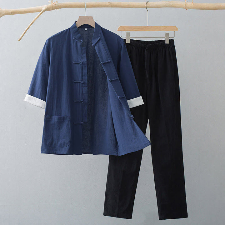 Completo tradizionale da uomo Buddha Stones e pantaloni a mezza manica in cotone. - Maglia blu navy e pantaloni neri - US/UK/AU44, EU54 (4XL)  - image 7