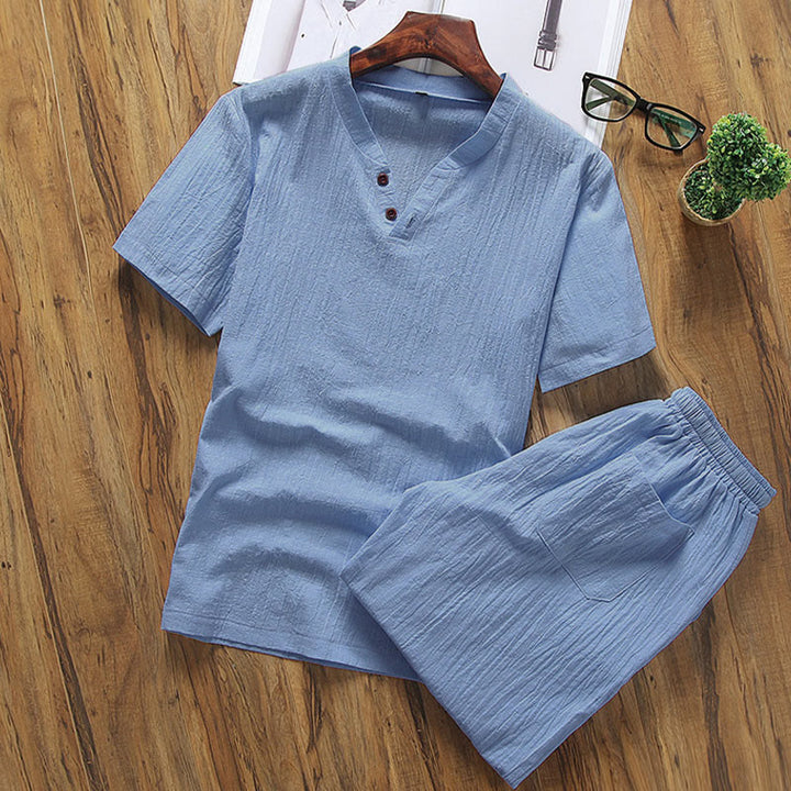 Completo da meditazione da uomo in cotone e lino con motivo Buddha Stones, composto da t-shirt a maniche corte e pantaloncini con tasche. - Blu cielo profondo - US/UK/AU46, EU56 (5XL) - image 8