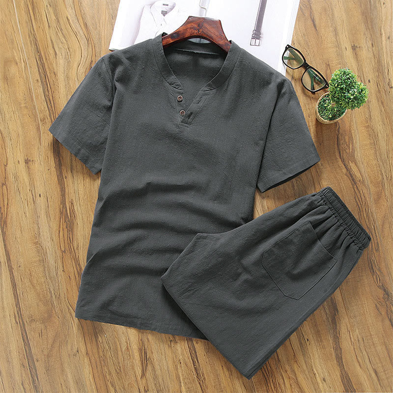 Completo da meditazione da uomo in cotone e lino con motivo Buddha Stones, composto da t-shirt a maniche corte e pantaloncini con tasche. - Grigio tenue - US/UK/AU46, EU56 (5XL) - image 5