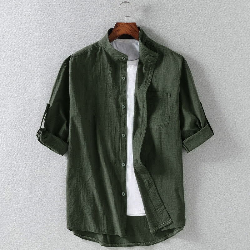 Camicia da uomo a maniche a tre quarti, monopetto, a tinta unita, con taschino e stampa vintage Buddha Stones. - Verde scuro - US/UK/AU46, EU56 (5XL) - image 0