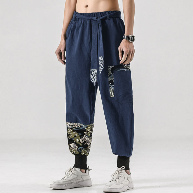 Pantaloni harem da uomo con lacci e tasche, con stampa "Onde oceaniche" e motivo Buddha Stones. - image 33