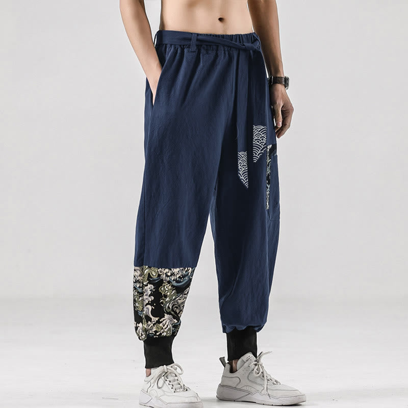 Pantaloni harem da uomo con lacci e tasche, con stampa "Onde oceaniche" e motivo Buddha Stones. - SteelBlue - US/UK/AU46, EU56 (5XL)  - image 29