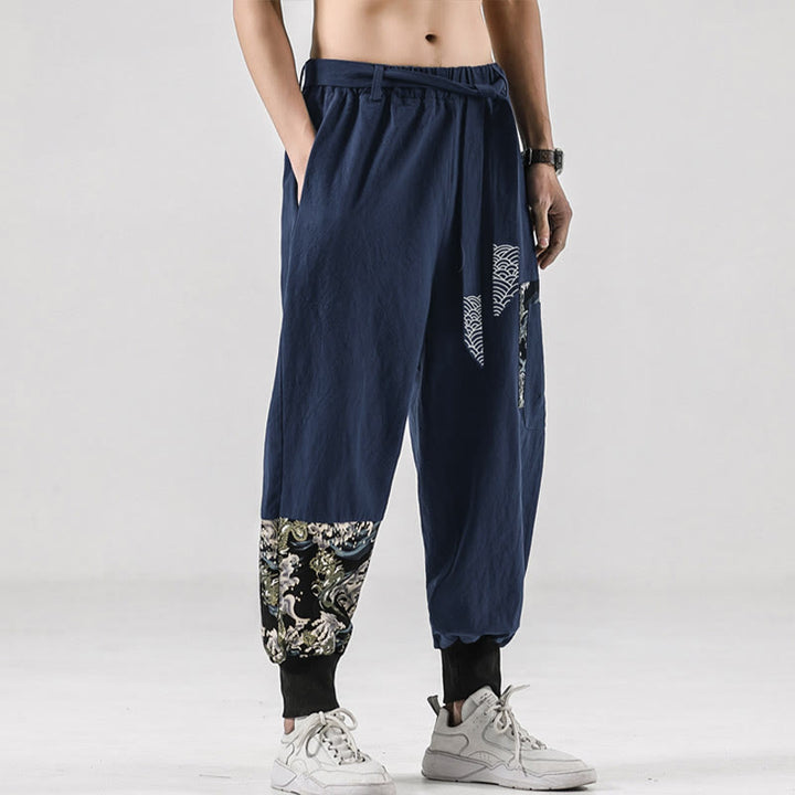 Pantaloni harem da uomo con lacci e tasche, con stampa "Onde oceaniche" e motivo Buddha Stones. - SteelBlue - US/UK/AU46, EU56 (5XL)  - image 29