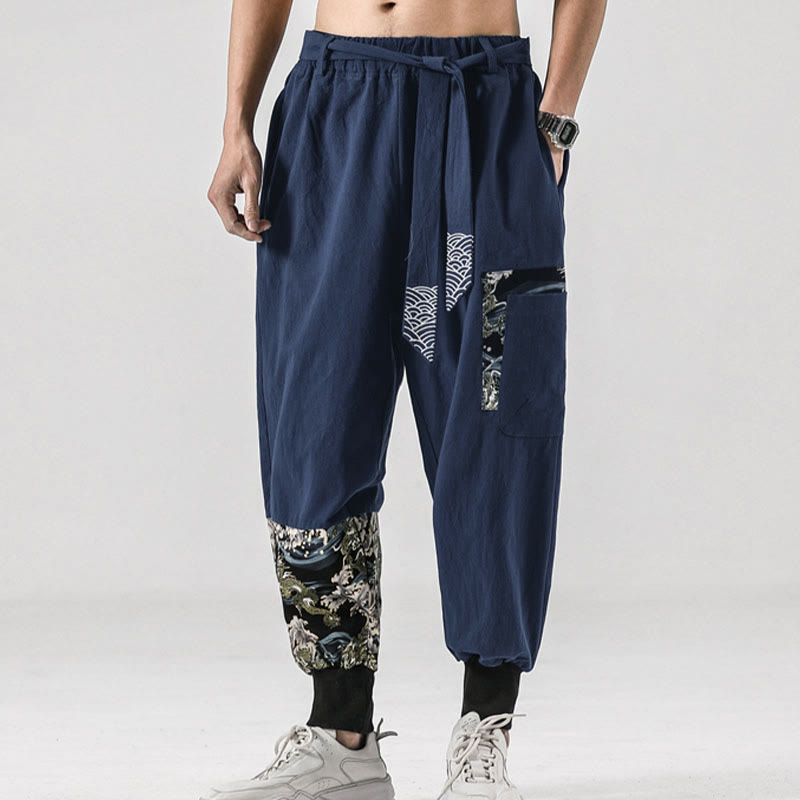 Pantaloni harem da uomo con lacci e tasche, con stampa "Onde oceaniche" e motivo Buddha Stones. - image 34