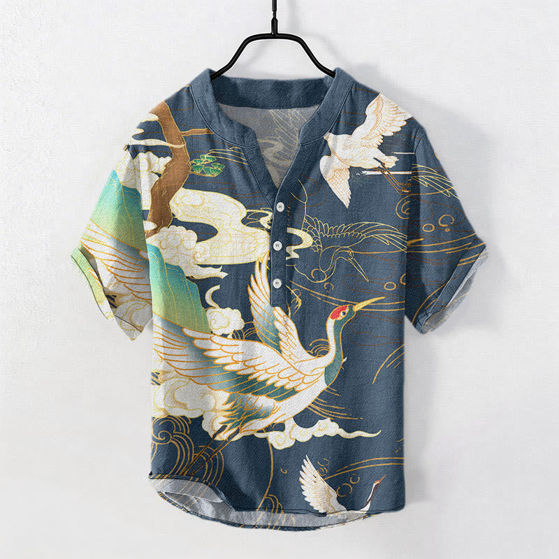 Buddha Stones Camicia da uomo a maniche corte con mezzo bottone, stampa "Cotton Crane Auspicious Clouds Pine Pattern" e motivo a gru di cotone. - SteelBlue - US/UK/AU50, EU60 (5XL) - image 4