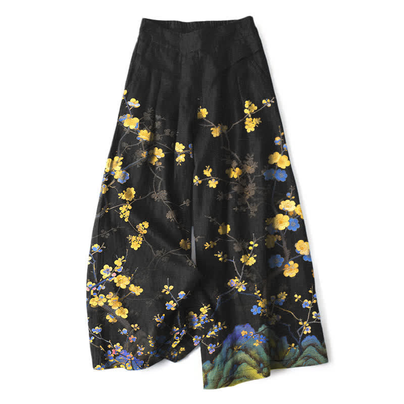 Buddha Stones Pantaloni da donna a gamba larga con elastico in vita e tasche, in cotone e lino, con fantasia floreale gialla vintage. - Nero - US16, UK/AU20, EU48 (3XL) - image 0