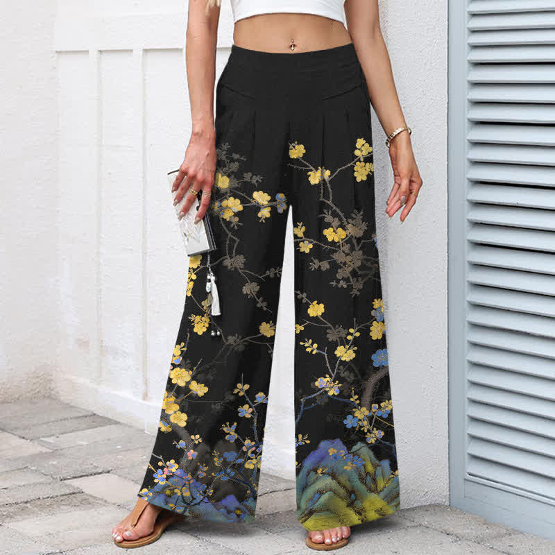 Buddha Stones Pantaloni da donna a gamba larga con elastico in vita e tasche, in cotone e lino, con fantasia floreale gialla vintage. - image 1